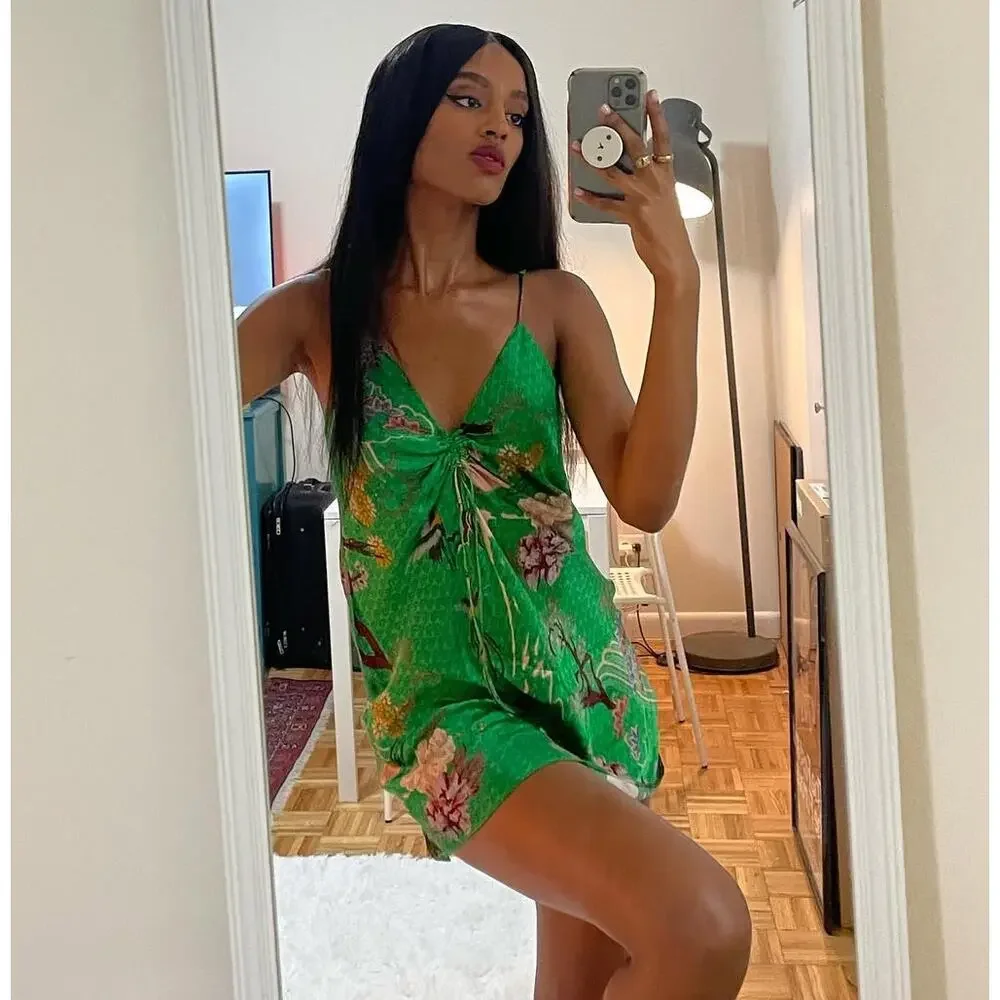 ZARA Green Floral Slip Mini Dress NWT – V-Neck Ruched Tie Spaghetti Strap, SZ M - Picture 8 of 16